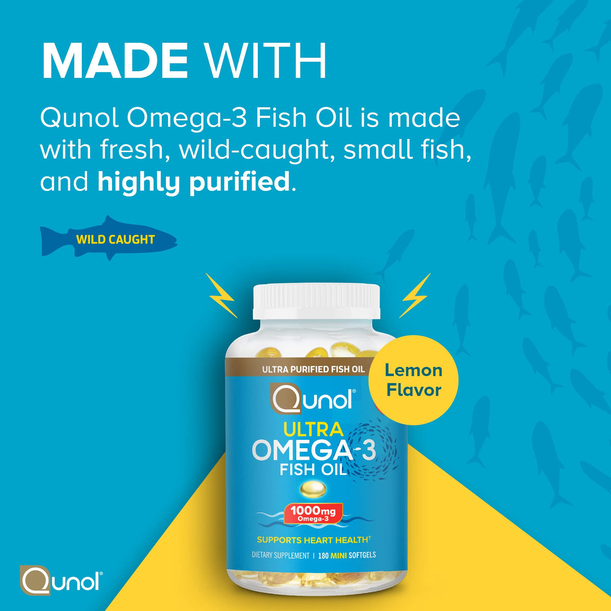 Buy supplements Qunol Fish Oil Omega 3 Mini Softgels, 1000mg Omega 3 EPA + DHA, Ultra Pure Supplements, Heart Health Support, Lemon Flavor - Vitaza UK Supplements UK