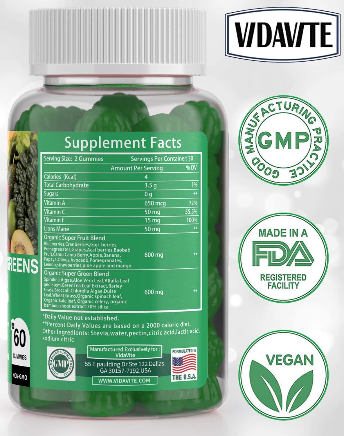 Buy supplements VIDAVITE Sugar-free Super Greens Gummies — US-Made, 35+ Fruit and Veggie gummies to Boost Immunity, Skin & Gut Health — Ideal Fruits and Vegetables Supplement - Vitaza UK Supplements UK