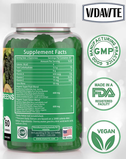 Buy supplements VIDAVITE Sugar-free Super Greens Gummies — US-Made, 35+ Fruit and Veggie gummies to Boost Immunity, Skin & Gut Health — Ideal Fruits and Vegetables Supplement - Vitaza UK Supplements UK