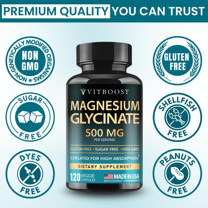 Buy supplements VITBOOST Magnesium Glycinate 500mg - High Absorption Chelated Supplement - Supports Sleep, Muscle Recovery & Heart Health - Non-GMO - Vitaza UK Supplements UK