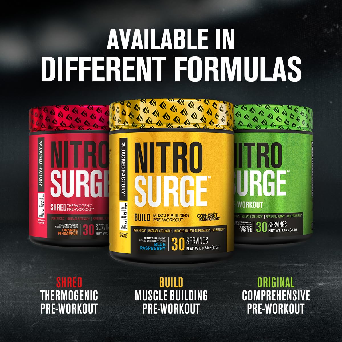 Buy supplements Jacked Factory Nitrosurge Build Pre Workout with Creatine for Muscle Building - Con Cret Creatine Powder & elevATP for Intense Energy, Powerful Pump, Vitaza UK Supplements UK