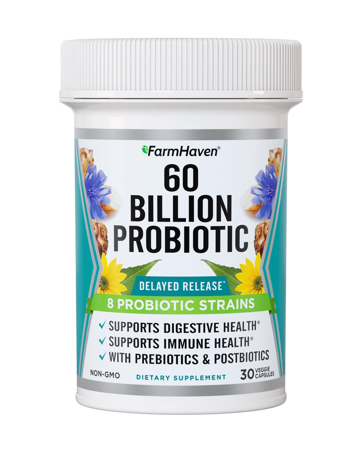 Buy supplements FarmHaven 60 Billion CFU Probiotic - 8 Probiotic Strains - Prebiotics & Postbiotics - Supports Digestive & Immune Health - Delayed Release - Shelf Stable - Vitaza UK Supplements UK