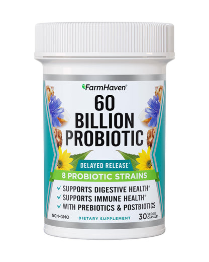 Buy supplements FarmHaven 60 Billion CFU Probiotic - 8 Probiotic Strains - Prebiotics & Postbiotics - Supports Digestive & Immune Health - Delayed Release - Shelf Stable - Vitaza UK Supplements UK
