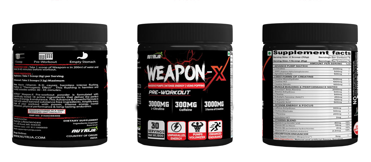 NutriJa Weapon-X Pre-Workout Powder with 21 Active Ingredients - 3 Best Forms of Creatine, AAKG, Beta-Alanine, Caffeinated | Pumps, Viens Popping, Energy, Focus & Strength (30 Servings (Pineapple))