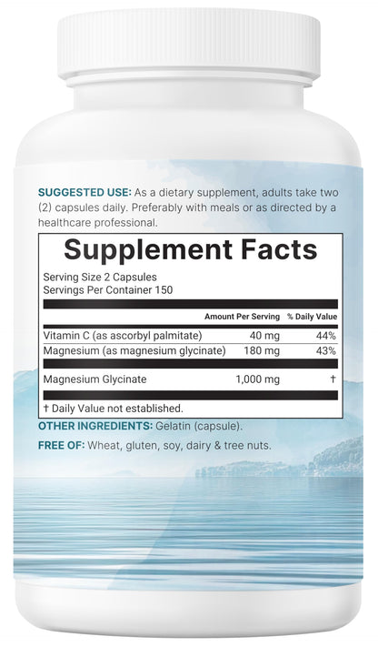 Buy supplements Pure Magnesium Glycinate 1,000mg, 300 Capsules | 100% Chelated for Max Absorption | Enhanced with Vitamin C | Only Uses Active Ingredients - Vitaza UK Supplements UK