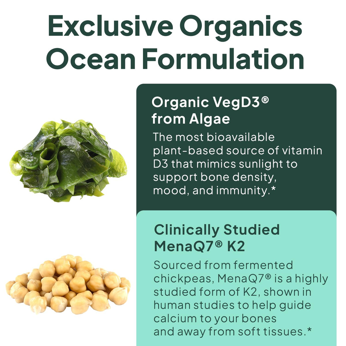 Buy supplements Organics Ocean Better D3 + K2-100% Organic VIT D3 and K2 Supplements with Maximum Bioavailability - Supports Bone Density, Calcium Balance - Vitaza UK Supplements UK
