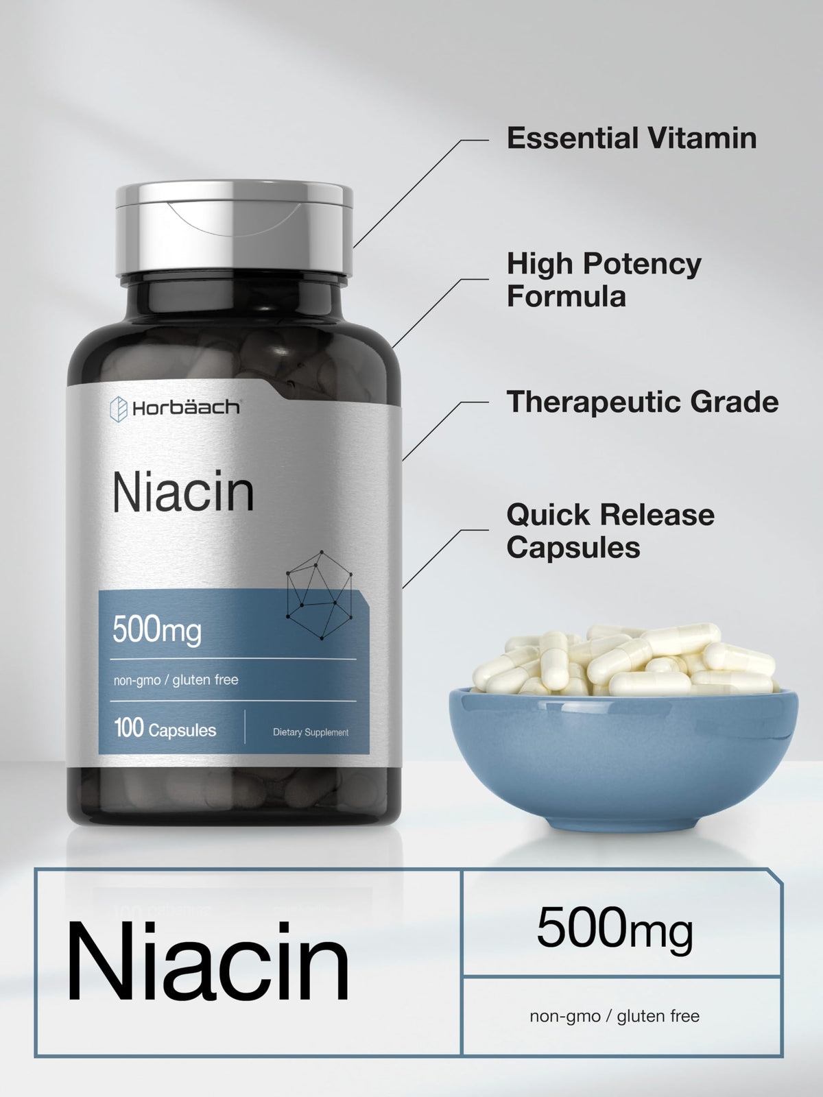 Niacin | Vitamin B3 500mg | 100 Capsules | with Flushing | Non-GMO, and Gluten Free HorbäachBuy Supplements Australia
