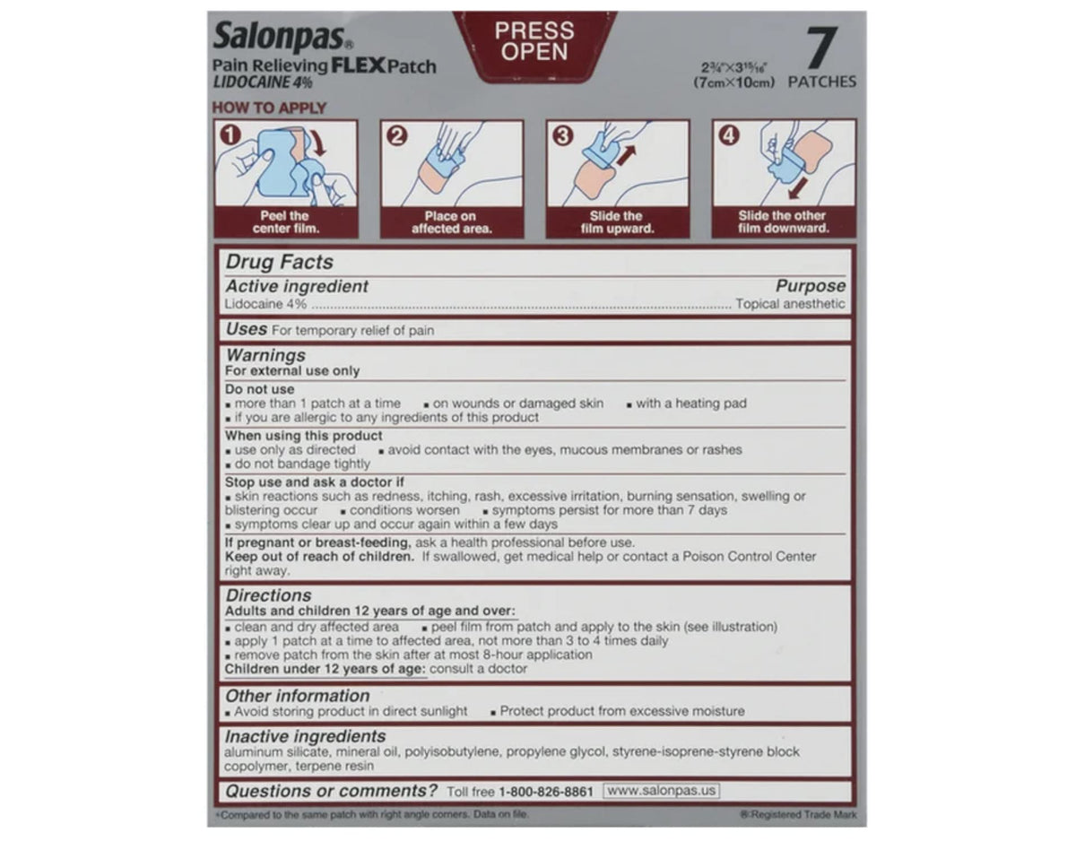 Salonpas Temporary Pain Relieving Flex Patch with Lidocaine 4%, Maximum OTC Strength, Stretchable Thin Fabric, Strong Adhesion, Contours to Body, Apply for Up to 8 Hours 7 ct (Pack of 2) SalonpasBuy Supplements Australia