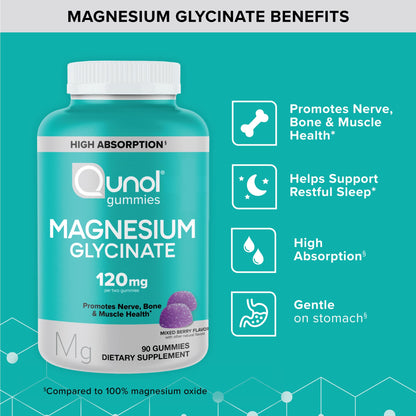 Buy supplements Qunol Magnesium Glycinate Gummies, 120mg of Magnesium Glycinate, High Absorption, Mixed Berry, 90 Count (Pack of 1) - Vitaza UK Supplements UK