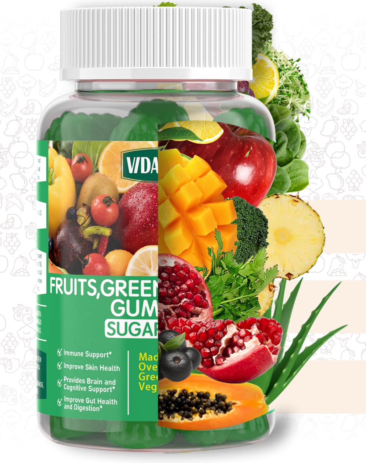 Buy supplements VIDAVITE Sugar-free Super Greens Gummies — US-Made, 35+ Fruit and Veggie gummies to Boost Immunity, Skin & Gut Health — Ideal Fruits and Vegetables Supplement - Vitaza UK Supplements UK