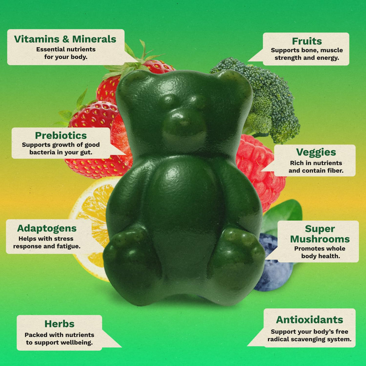 Buy supplements Gruns Adult Super Greens Multivitamin Gummies, Superfood Gummy Vitamins for Women and Men with Spirulina, Chlorella - Vitaza UK Supplements UK