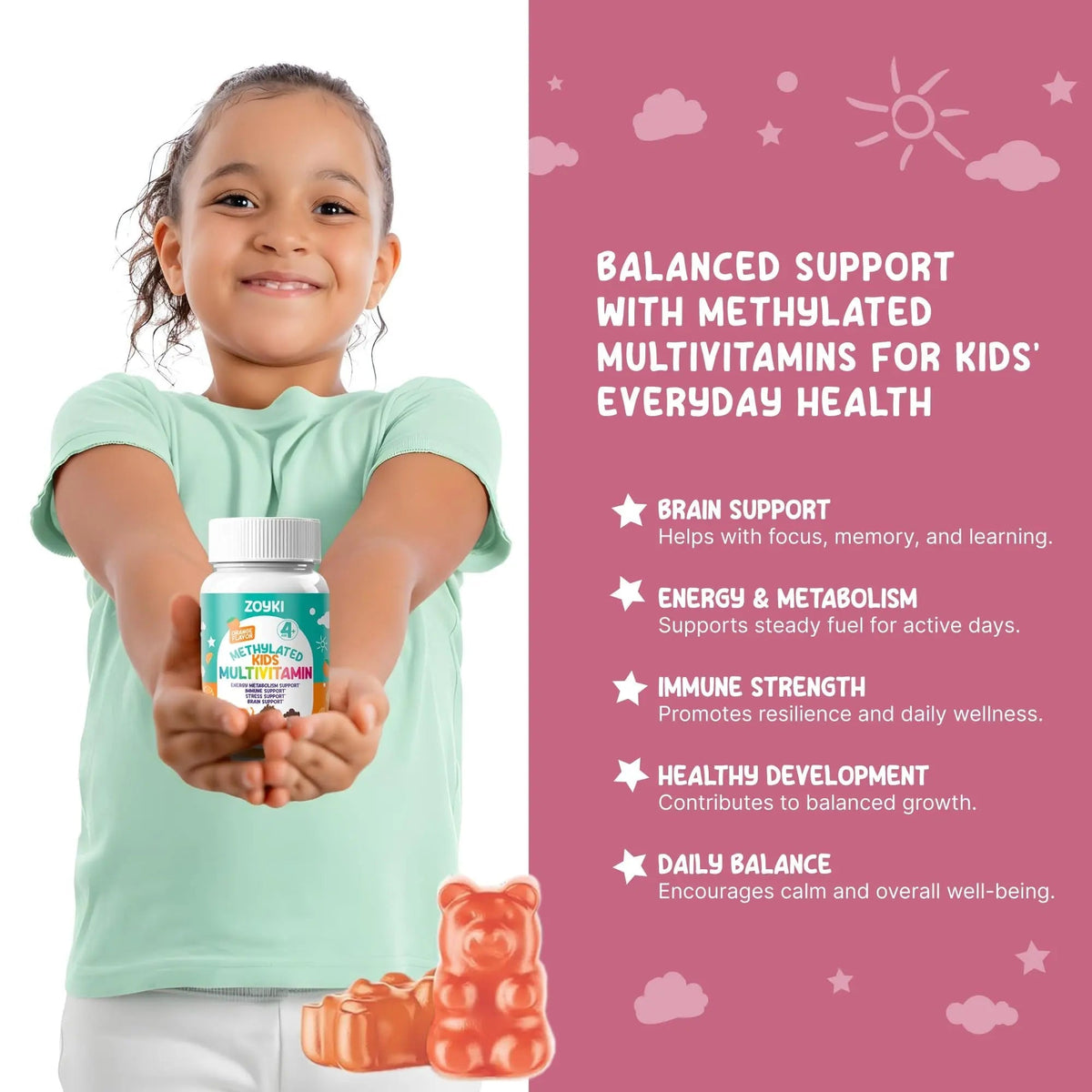Zoyki Methylated Multivitamin Gummies for Kids - Children’s MTHFR Support Supplement with B Complex 5-MTHF Folate (L-Methylfolate) Zoyki