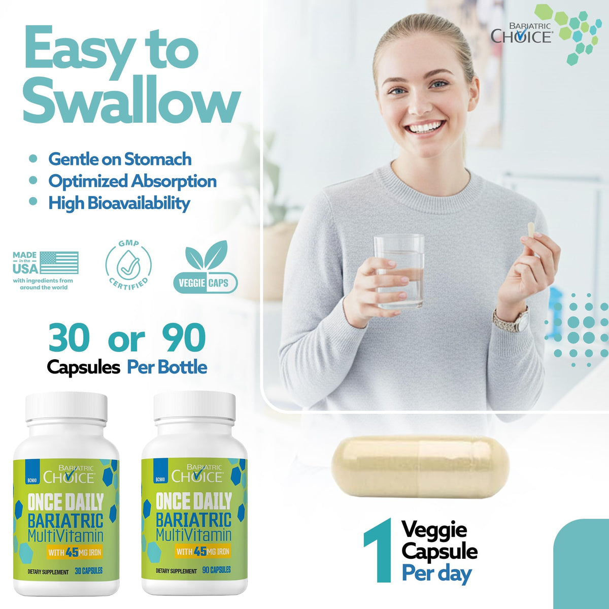 Buy supplements Bariatric Choice Once-Daily Bariatric Multivitamin with 45 mg of Iron | Easy to Swallow Capsule | Vitamin for Bariatric Surgery Patients - Vitaza UK Supplements UK