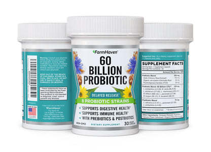 Buy supplements FarmHaven 60 Billion CFU Probiotic - 8 Probiotic Strains - Prebiotics & Postbiotics - Supports Digestive & Immune Health - Delayed Release - Shelf Stable - Vitaza UK Supplements UK