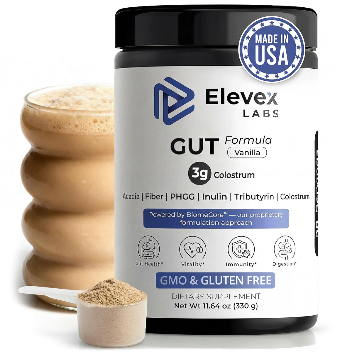 Buy supplements Elevex Labs Gut Health Supplement Powder – Digestive Health Formula with Colostrum, Tributyrin & PHGG Prebiotics for Gut Health, Gut Lining, Gut-Brain & Bloating Relief - Vitaza UK Supplements UK