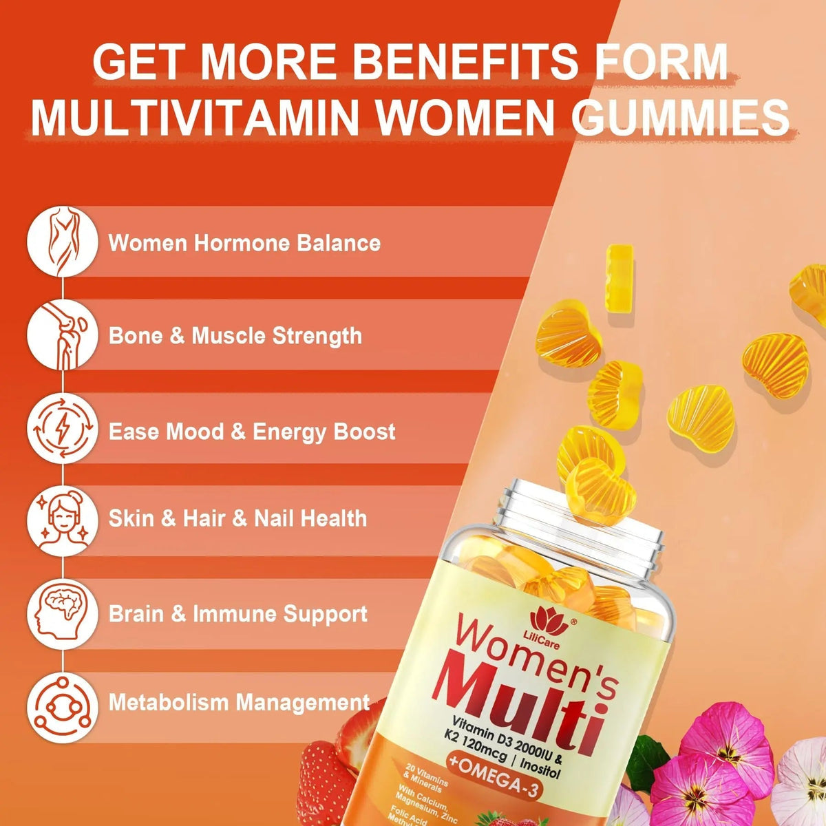Womens Multivitamin Gummy with Omega 3（DHA/EPA), Vitamin D3 K2, Calcium, Inositol, Daily Womens Vitamin A C E B Complex LILICAREBuy Supplements Australia