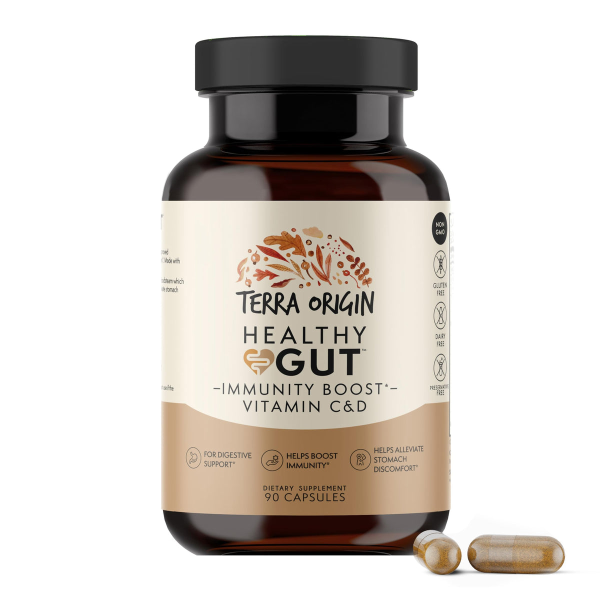 Buy supplements TERRA ORIGIN Healthy Gut Capsules with Immunity Boost | 90 Capsules | Non GMO, Gluten Free, Dairy Free | Digestive Support for Men and Women - Vitaza UK Supplements UK