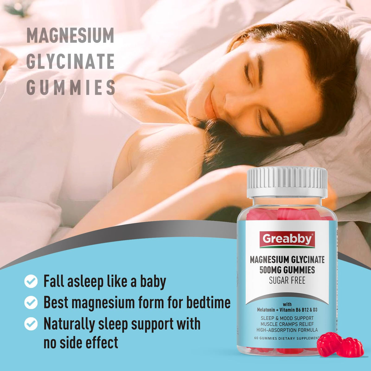 Buy supplements Greabby Magnesium Glycinate Gummies 500mg for Adults Sleep Support, Chewable Magnesium Gummies for Women & Men - Vitaza UK Supplements UK