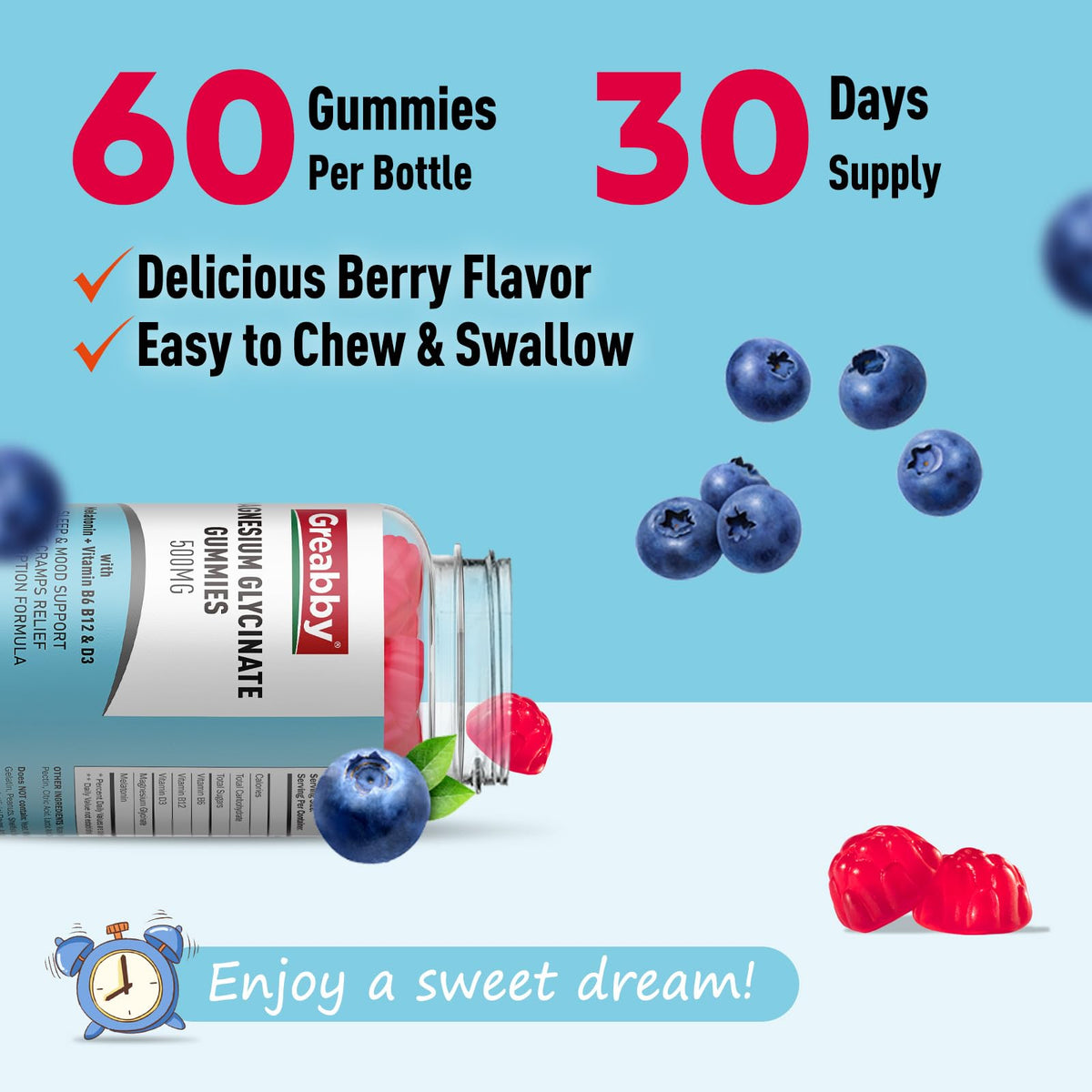 Buy supplements Greabby Magnesium Glycinate Gummies 500mg for Adults Sleep Support, Chewable Magnesium Gummies for Women & Men - Vitaza UK Supplements UK
