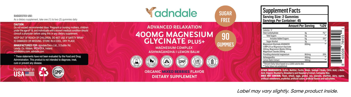 Buy supplements Adndale 90 CT Magnesium Glycinate 400 mg Gummies with Ashwagandha, Magnesium Malate & Taurate, Sugar Free Magnesium Gummies - Vitaza UK Supplements UK