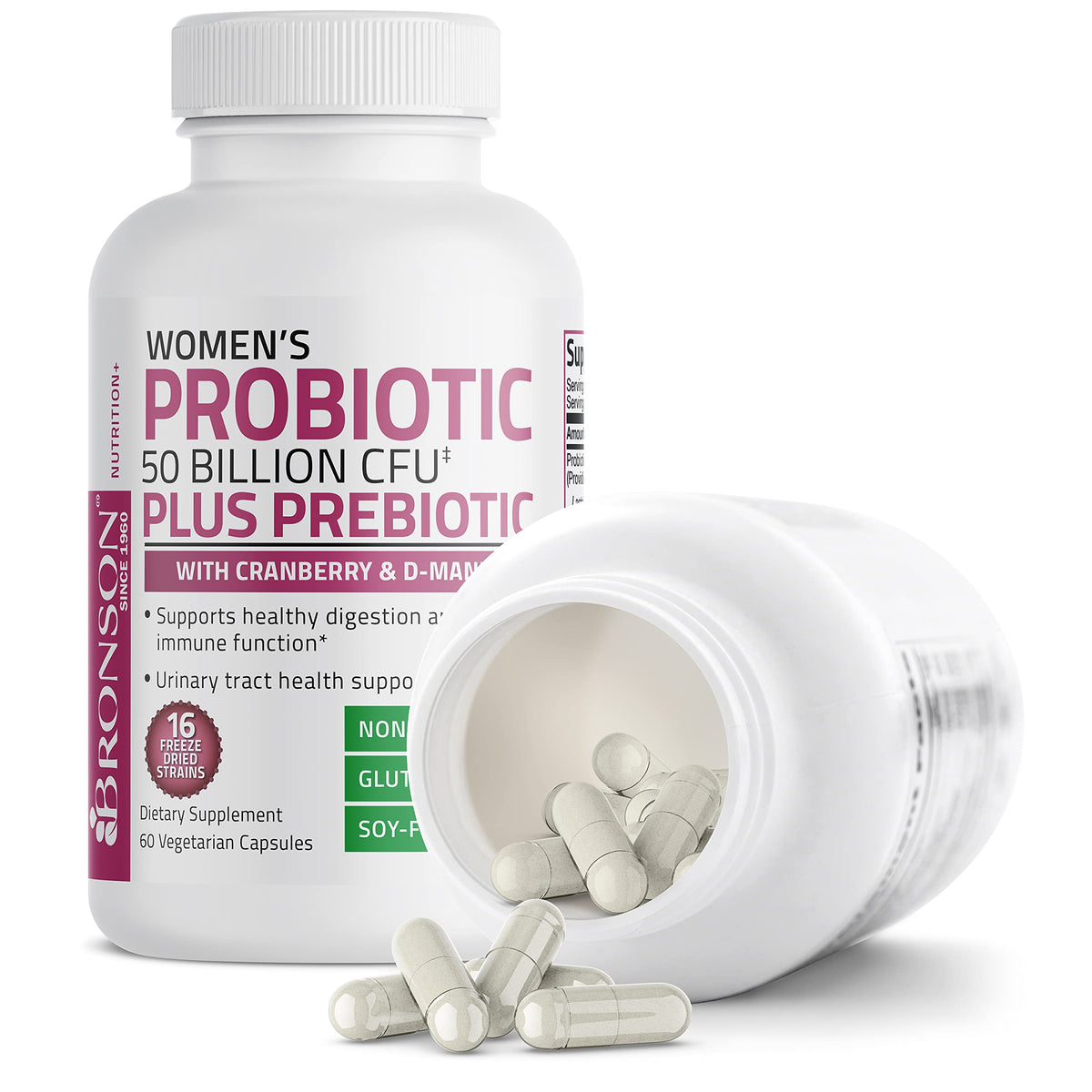 Buy supplements Bronson Women's Probiotic 50 Billion CFU + Prebiotic with Cranberry & D-Mannose – Vaginal Health, Healthy Digestion, Immune Function and Urinary Tract Support, Non-GMO, 60 Vegetarian Capsules - Vitaza UK Supplements UK