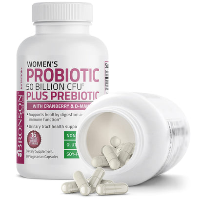 Buy supplements Bronson Women's Probiotic 50 Billion CFU + Prebiotic with Cranberry & D-Mannose – Vaginal Health, Healthy Digestion, Immune Function and Urinary Tract Support, Non-GMO, 60 Vegetarian Capsules - Vitaza UK Supplements UK