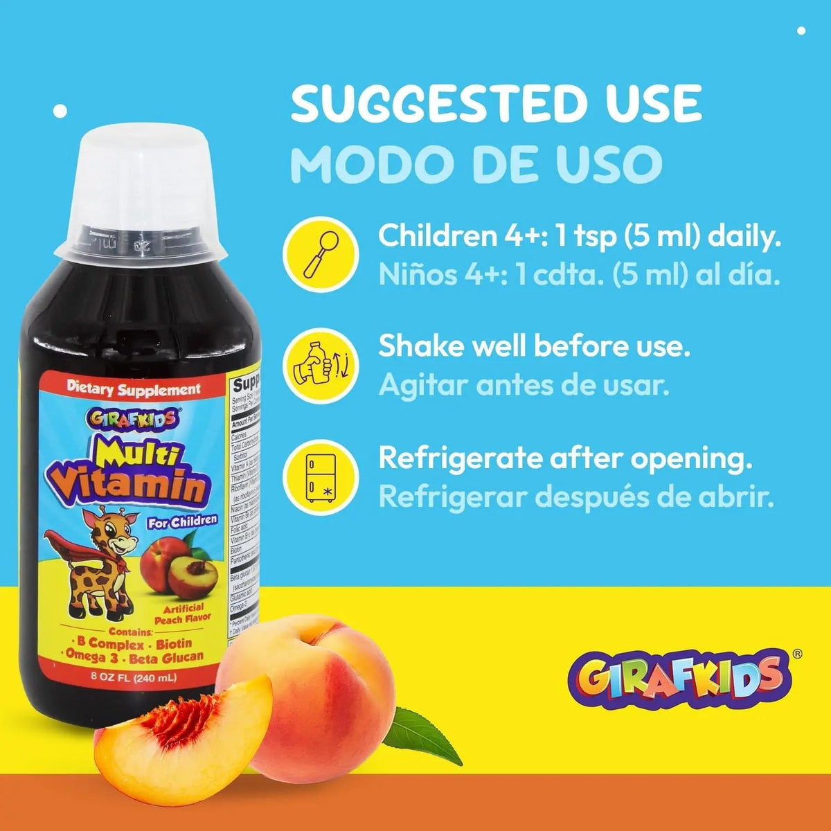 GirafKids Liquid Multivitamin for Kids Ages 4+, 8oz - Daily Child Vitamins with Biotin, Vitamin A, B Complex, Folic Acid, Omega-3 & Beta Glucan PHARMADEL