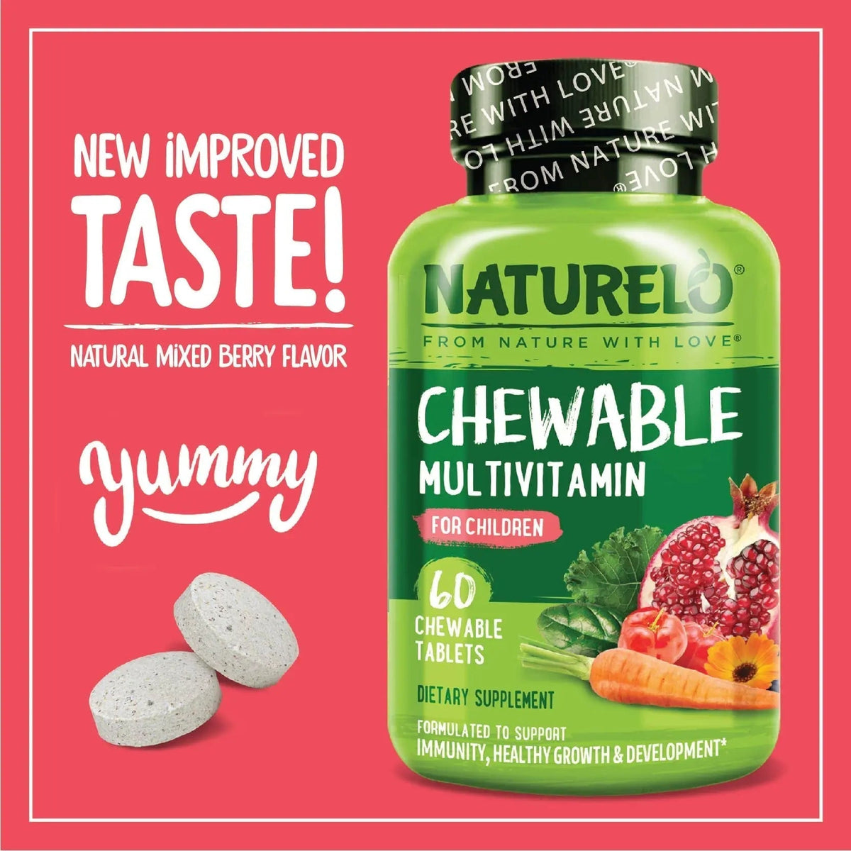 NATURELO Chewable Vitamin for Kids Multivitamin with Whole Food Organic Fruit Blend - 60 Tablets for Children NATURELO