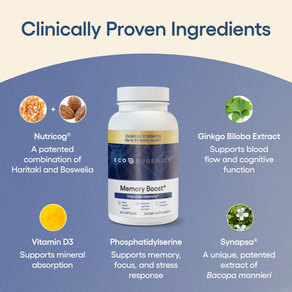 Buy supplements EcoNugenics Memory Boost Supplement – Clinically Studied Ingredients to Support Brain Focus & Health – Nootropic Formula with Bacopa Monnieri, Boswellia Serrata - Vitaza UK Supplements UK