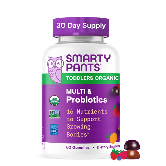 Buy supplements SmartyPants Organic Toddler Multivitamin Gummies: Probiotics, Omega 3 (ALA), Vitamin D3, C, Vitamin B12, B6, A, K & Zinc, Beta Carotene, Gluten Free - Vitaza UK Supplements UK