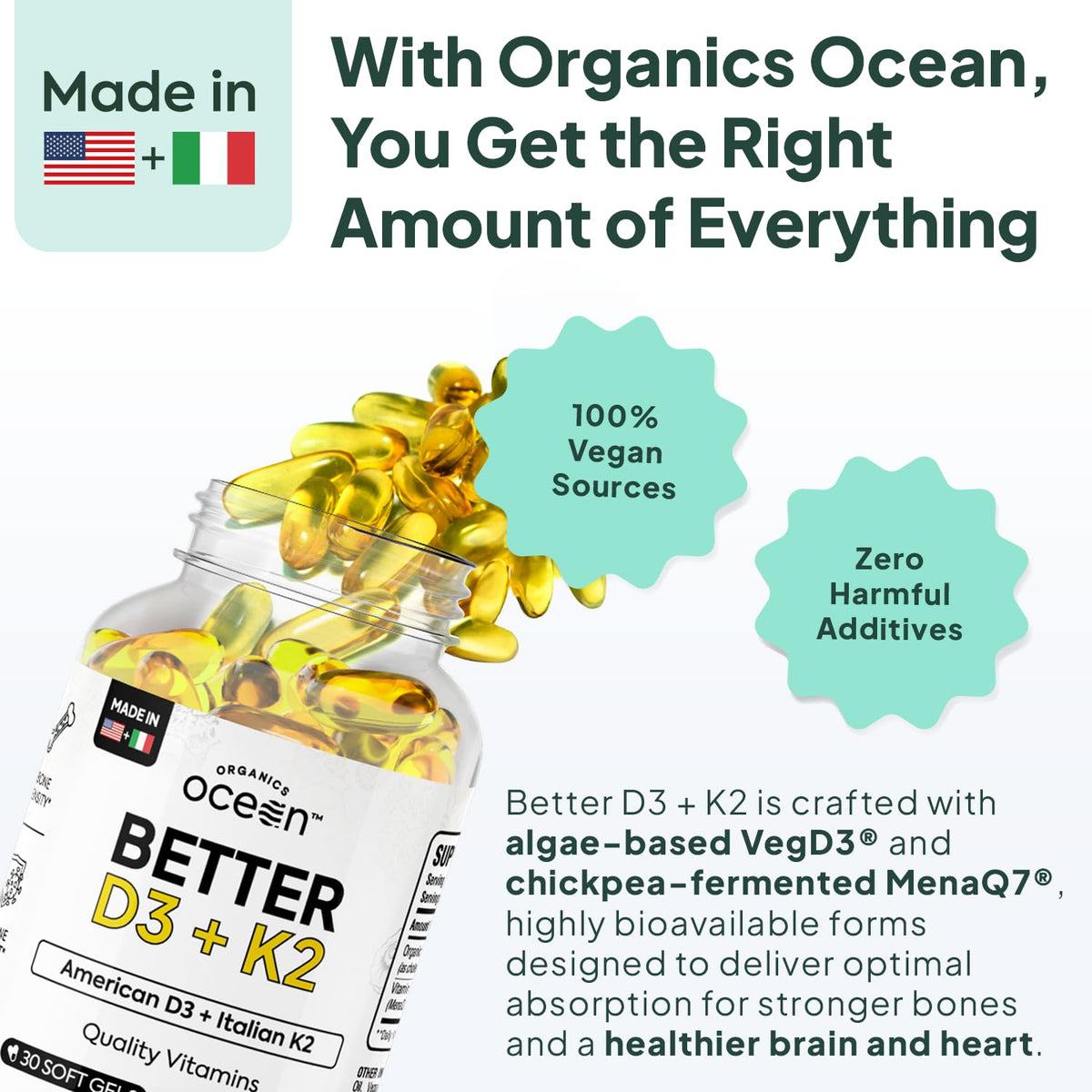 Buy supplements Organics Ocean Better D3 + K2-100% Organic VIT D3 and K2 Supplements with Maximum Bioavailability - Supports Bone Density, Calcium Balance - Vitaza UK Supplements UK