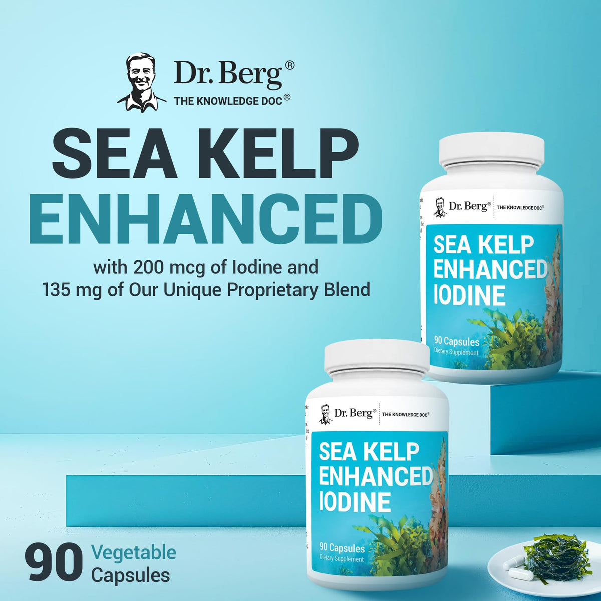 Buy supplements Dr. Berg Sea Kelp Enhanced Iodine - 200 mcg of Premium Iodine - Seaweed Blend Includes Klamath Blue-Green Algae & Sea Kelp - 90 Capsules - Vitaza UK Supplements UK