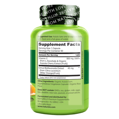 Buy supplements NATURELO Vitamin C with Organic Acerola Cherry Extract and Citrus Bioflavonoids - Vegan Supplement - Immune Support - 500 mg VIT C per Cap - Vitaza UK Supplements UK