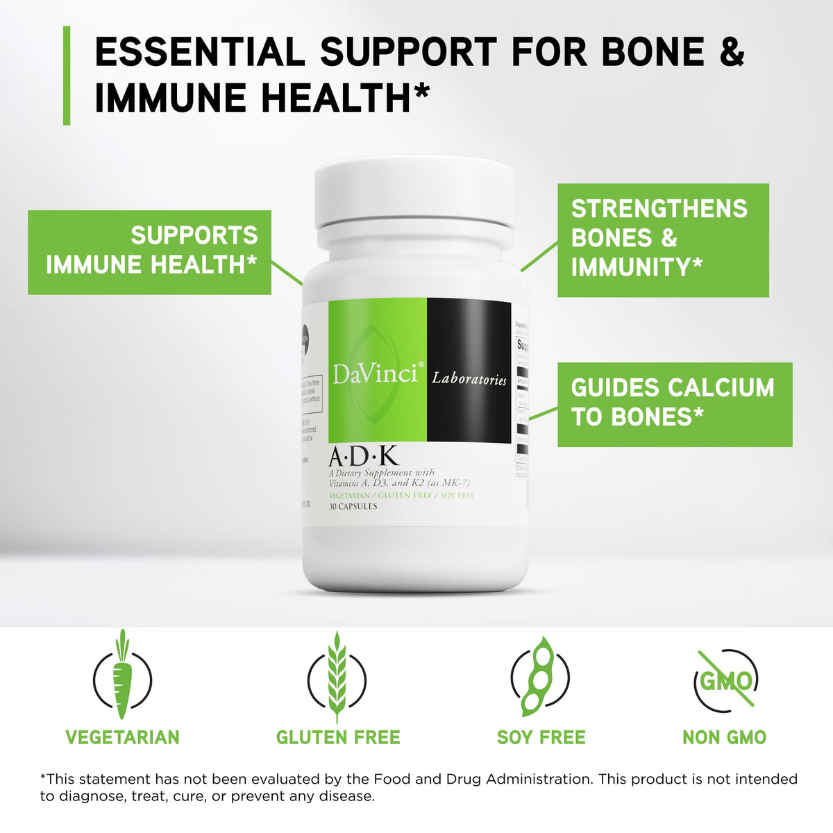 Buy supplements DAVINCI Labs ADK - Helps Support Bone, Heart & Immune Health - Dietary Supplement with Vitamins A, D3 & K2 (as MK-7) - Vegetarian - Vitaza UK Supplements UK