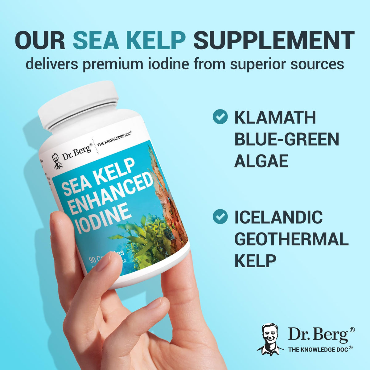 Buy supplements Dr. Berg Sea Kelp Enhanced Iodine - 200 mcg of Premium Iodine - Seaweed Blend Includes Klamath Blue-Green Algae & Sea Kelp - 90 Capsules - Vitaza UK Supplements UK