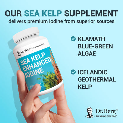 Buy supplements Dr. Berg Sea Kelp Enhanced Iodine - 200 mcg of Premium Iodine - Seaweed Blend Includes Klamath Blue-Green Algae & Sea Kelp - 90 Capsules - Vitaza UK Supplements UK