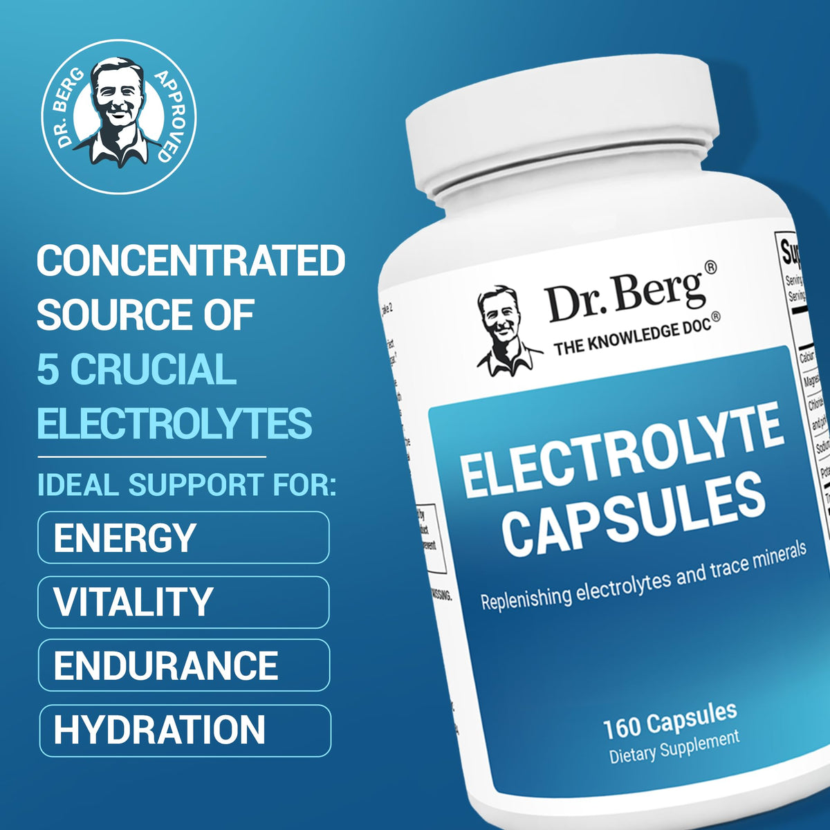 Buy supplements Dr. Berg Electrolyte Capsules - Electrolyte Supplements for Supporting Energy, Endurance, and Hydration - Sugar Free, No Maltodextrin, Keto Friendly - 160 Caps - Vitaza UK Supplements UK