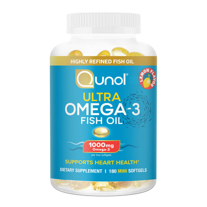 Buy supplements Qunol Fish Oil Omega 3 Mini Softgels, 1000mg Omega 3 EPA + DHA, Ultra Pure Supplements, Heart Health Support, Lemon Flavor - Vitaza UK Supplements UK