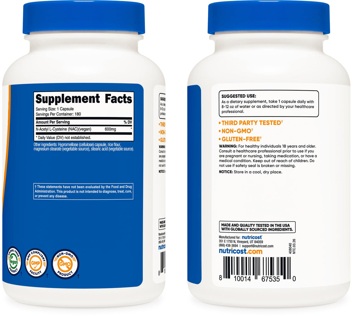 Buy supplements Nutricost N-Acetyl L-Cysteine (NAC) 600mg, 180 Capsules - Non-GMO, Gluten Free - Vitaza UK Supplements UK