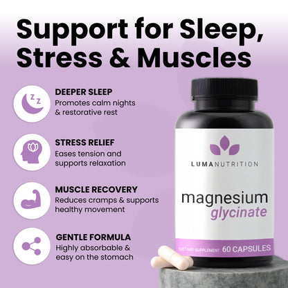 Buy supplements Luma Nutrition Magnesium Glycinate 1000mg - Support Stress, Sleep, Nerve & Muscle Health - 500mg Pure Magnesium Supplement Capsules - Vitaza UK Supplements UK