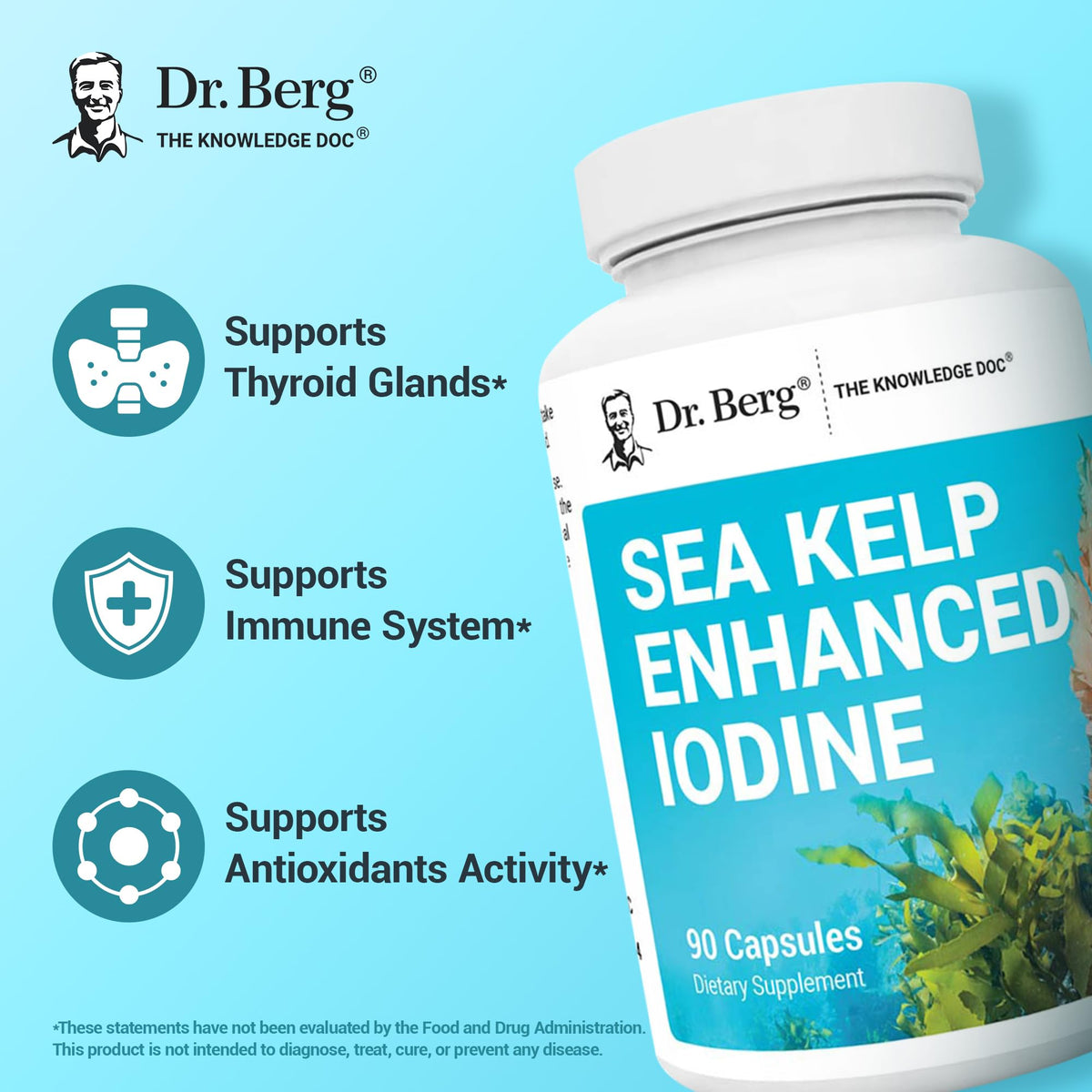 Buy supplements Dr. Berg Sea Kelp Enhanced Iodine - 200 mcg of Premium Iodine - Seaweed Blend Includes Klamath Blue-Green Algae & Sea Kelp - 90 Capsules - Vitaza UK Supplements UK