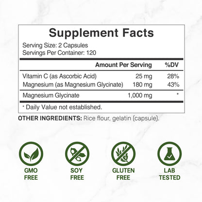 Buy supplements Magnesium Glycinate 500mg Per Capsule (1000mg Per Serving) Plus Vitamin C, 240 Capsules – 100% Chelated for Easy Absorption - Vitaza UK Supplements UK