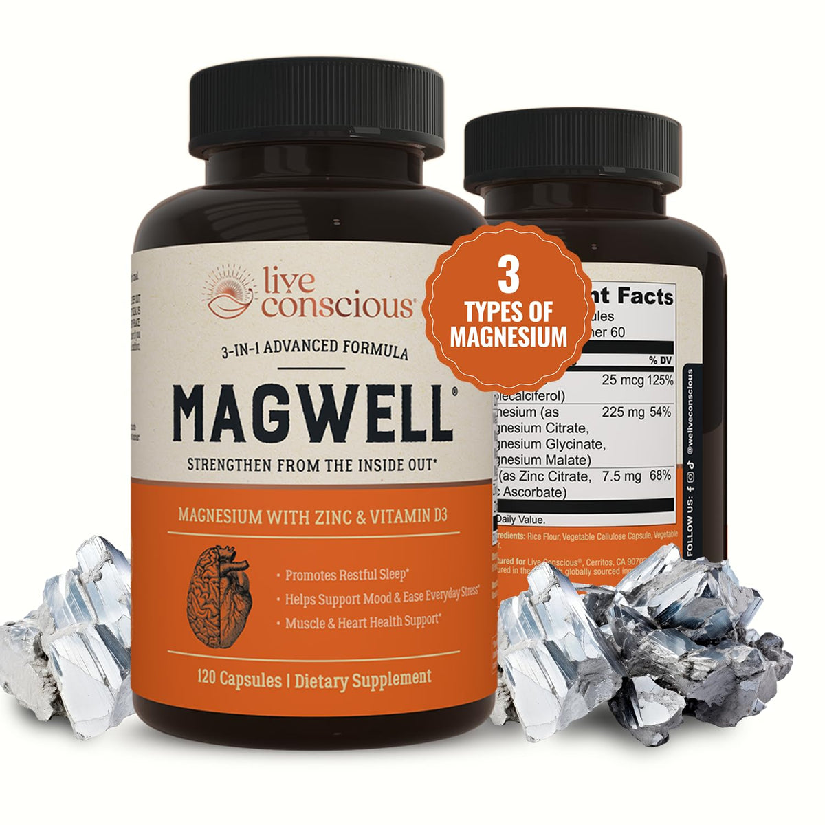 Buy supplements Live Conscious Magwell Magnesium Zinc & Vitamin D3 - Magnesium Glycinate, Malate, & Citrate - Triple Supplement for Women & Men - Vitaza UK Supplements UK