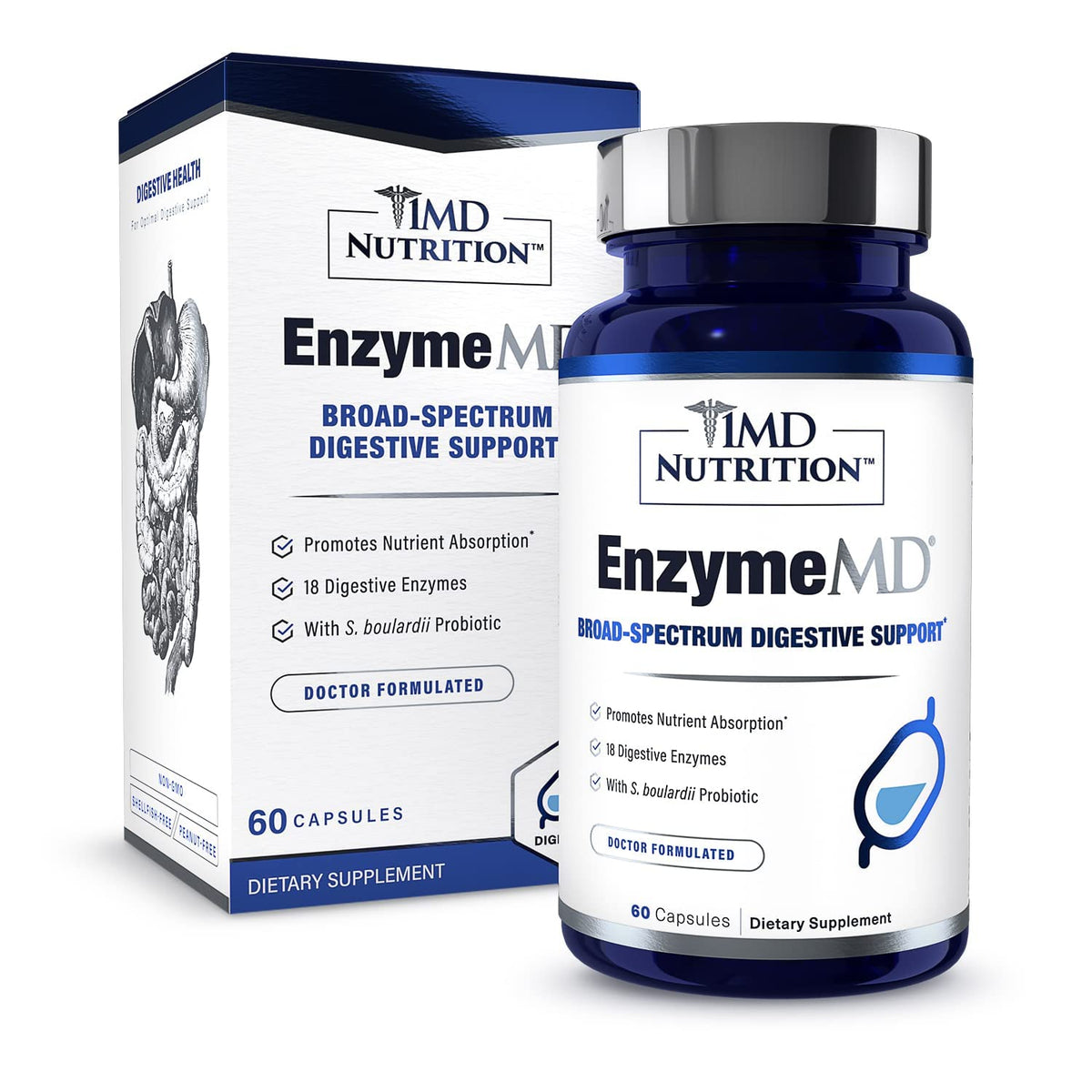 Buy supplements 1MD Nutrition EnzymeMD - Digestive Enzymes Supplement - Doctor Formulated | 18 Plant-Based Enzymes - Gas & Bloating Support | 60 Capsules - Vitaza UK Supplements UK