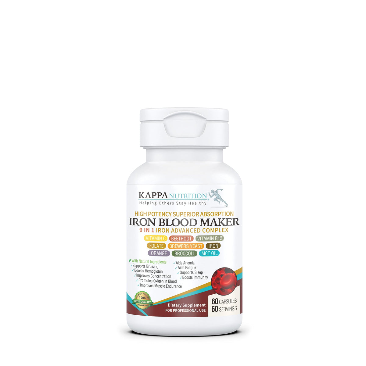 Buy supplements KAPPA NUTRITION Iron 26mg, Vitamin C & Orange 150mg, Folate 667mcg DFE, Vitamin B12, Beetroot, Brewers Yeast, Broccoli & MCT Oil - Vitaza UK Supplements UK