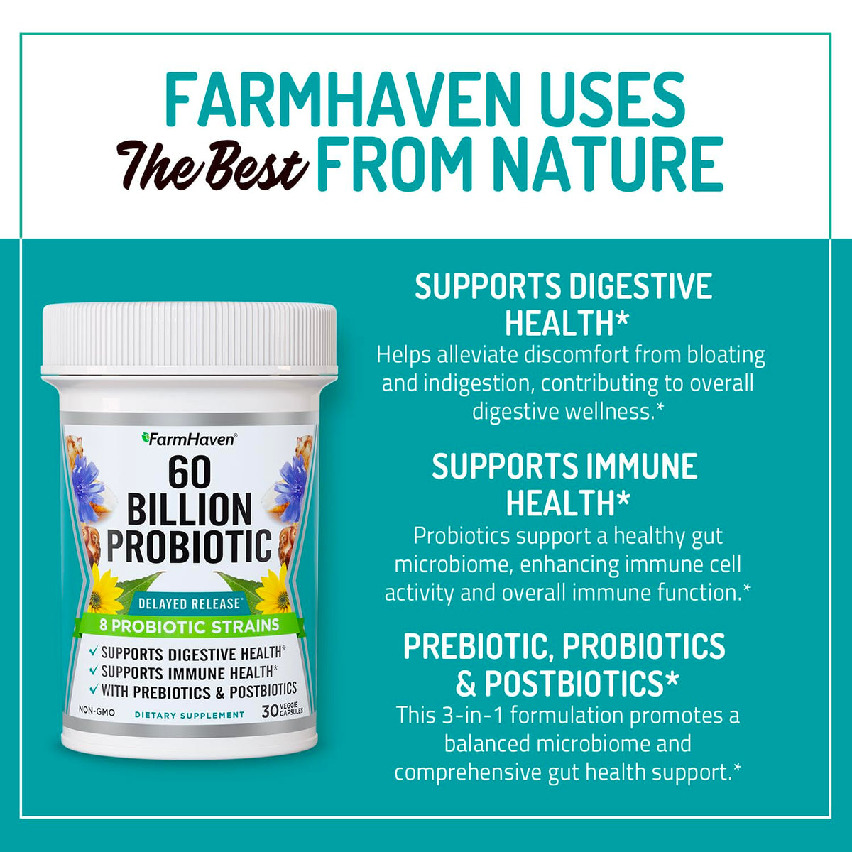 Buy supplements FarmHaven 60 Billion CFU Probiotic - 8 Probiotic Strains - Prebiotics & Postbiotics - Supports Digestive & Immune Health - Delayed Release - Shelf Stable - Vitaza UK Supplements UK