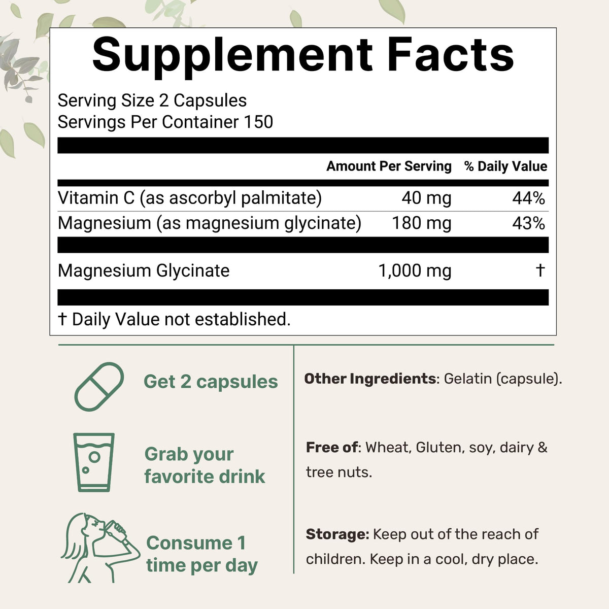 Buy supplements Pure Magnesium Glycinate 1,000mg, 300 Capsules | 100% Chelated for Max Absorption | Enhanced with Vitamin C | Only Uses Active Ingredients - Vitaza UK Supplements UK