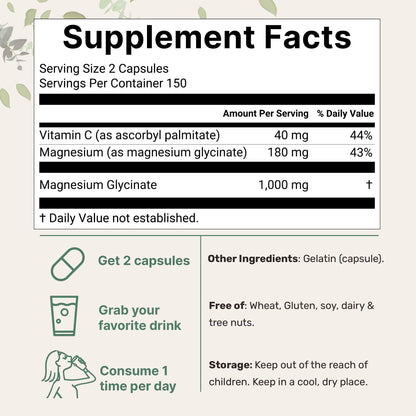 Buy supplements Pure Magnesium Glycinate 1,000mg, 300 Capsules | 100% Chelated for Max Absorption | Enhanced with Vitamin C | Only Uses Active Ingredients - Vitaza UK Supplements UK