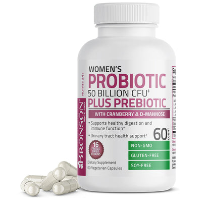 Buy supplements Bronson Women's Probiotic 50 Billion CFU + Prebiotic with Cranberry & D-Mannose – Vaginal Health, Healthy Digestion, Immune Function and Urinary Tract Support, Non-GMO, 60 Vegetarian Capsules - Vitaza UK Supplements UK