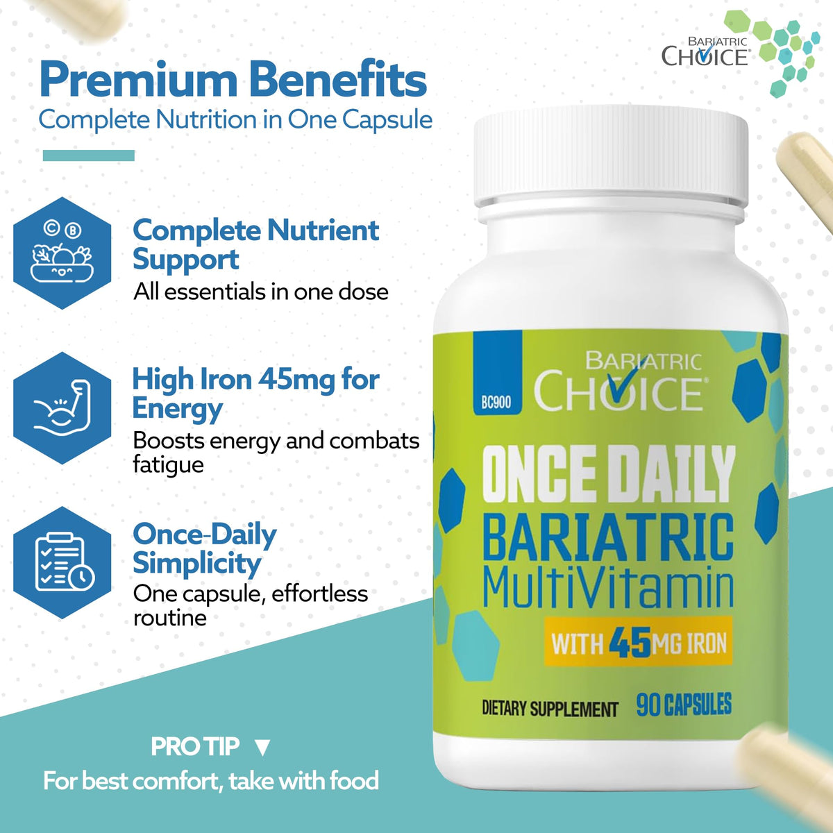 Buy supplements Bariatric Choice Once-Daily Bariatric Multivitamin with 45 mg of Iron | Easy to Swallow Capsule | Vitamin for Bariatric Surgery Patients - Vitaza UK Supplements UK